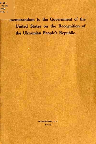 Memorandum to the Government of the United States on the Recognition of the Ukrainian People's Republic cover