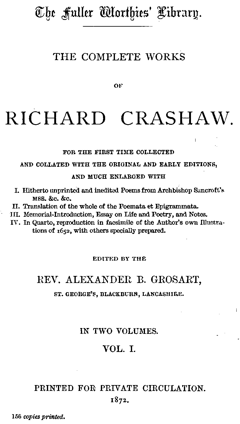 The Complete Works of Richard Crashaw, Volume I cover