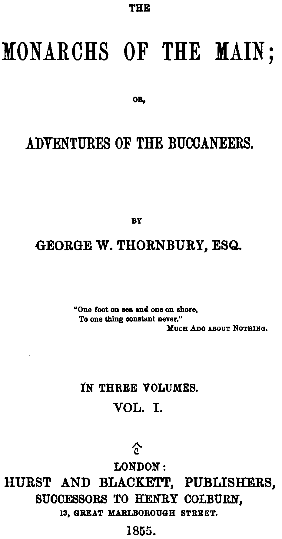 The Monarchs of the Main; Or, Adventures of the Buccaneers. Volume 1 (of 3) cover