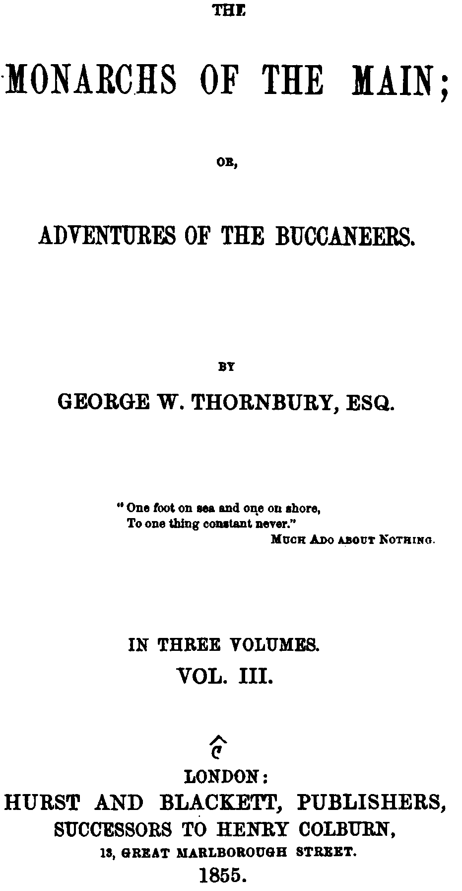 The Monarchs of the Main; Or, Adventures of the Buccaneers. Volume 3 (of 3) cover