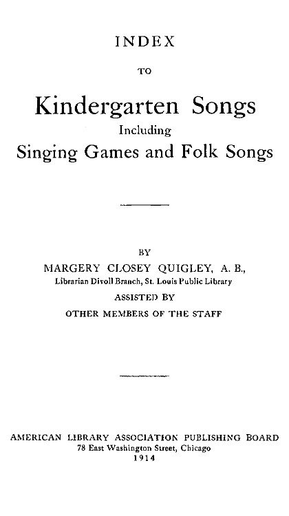Index to Kindergarten Songs Including Singing Games and Folk Songs cover