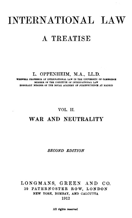 International Law. A Treatise. Volume 2 (of 2) / War and Neutrality. Second Edition cover