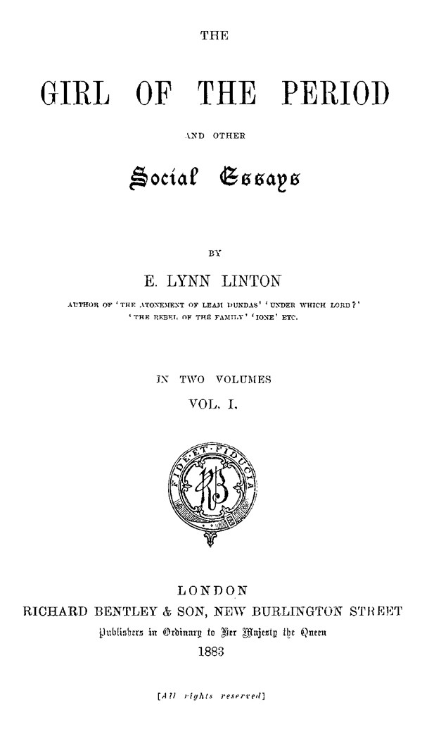 The Girl of the Period, and Other Social Essays, Vol. 1 (of 2) cover