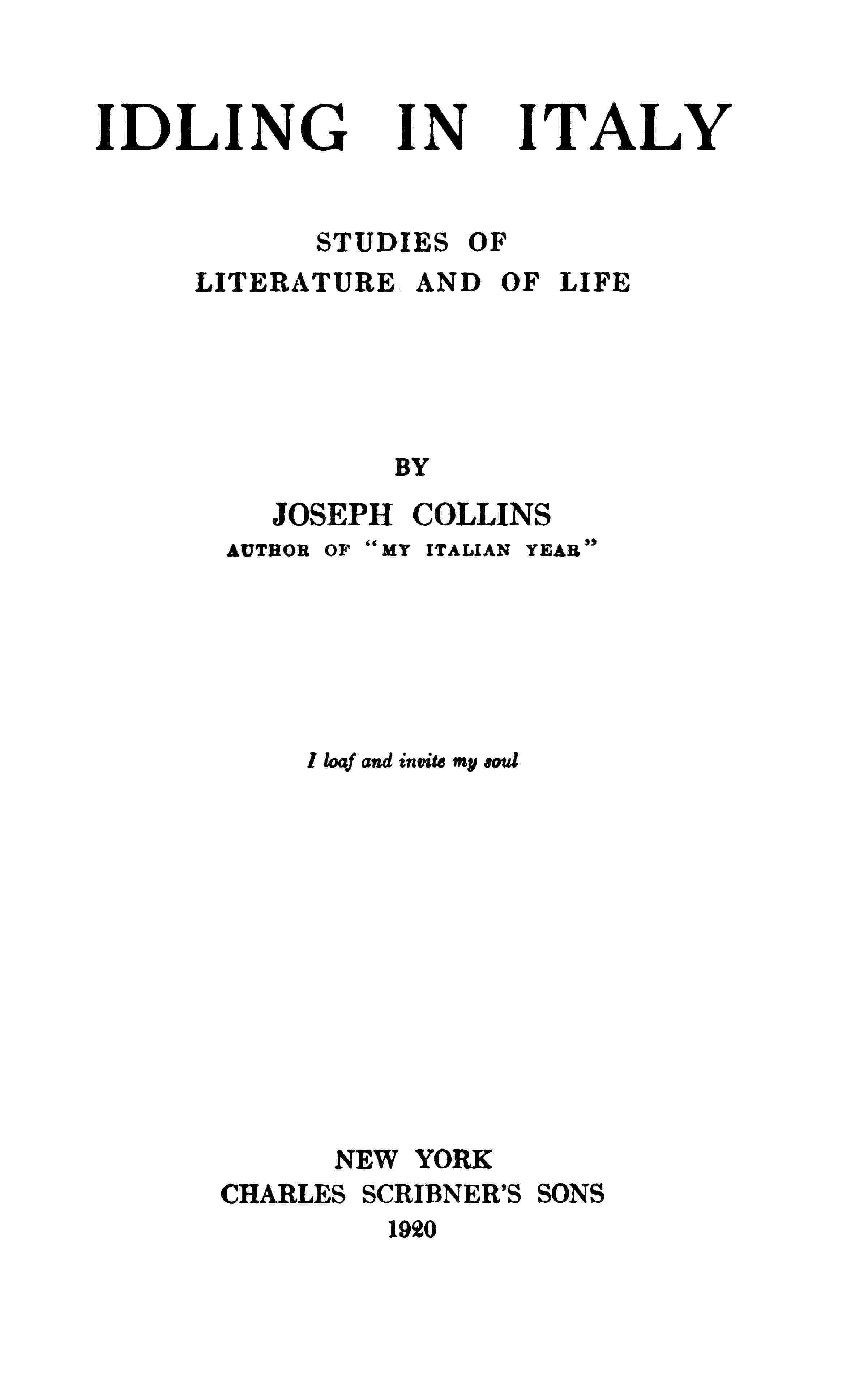 Idling in Italy: Studies of literature and of life cover