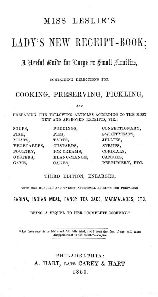 Miss Leslie's Lady's New Receipt-Book, 3rd ed. / A Useful Guide for Large or Small Families, Containing Directions for Cooking, Preserving, Pickling... cover
