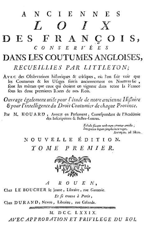 Anciennes loix des François, conservées dans les coutumes angloises, recueillies par Littleton, Vol. I cover