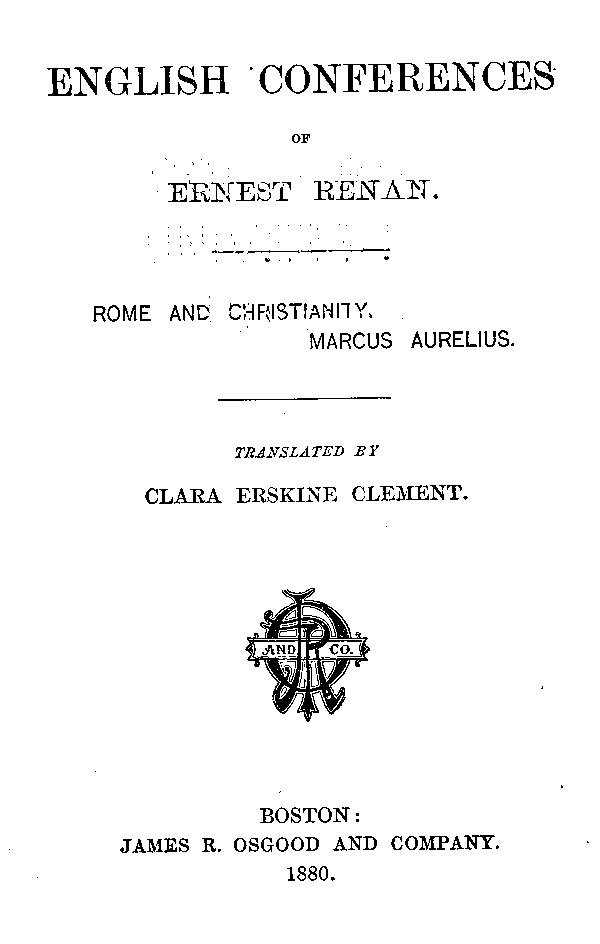 English Conferences of Ernest Renan: Rome and Christianity. Marcus Aurelius cover