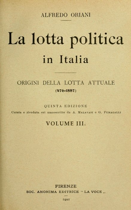 La lotta politica in Italia, Volume 3 (of 3) / Origini della lotta attuale (476-1887); Quinta edizione cover