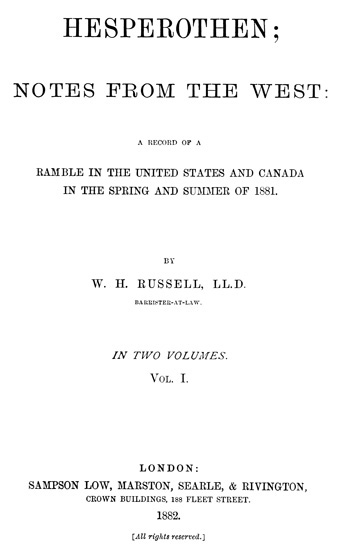 Hesperothen; Notes from the West, Vol. 1 (of 2) / A Record of a Ramble in the United States and Canada in the Spring and Summer of 1881 cover