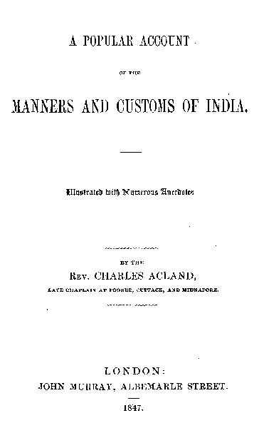 A Popular Account of the Manners and Customs of India cover