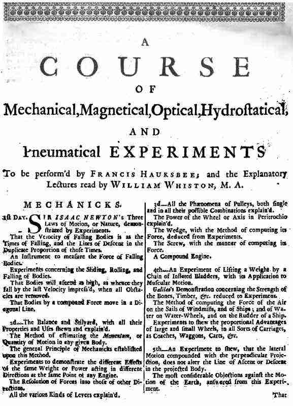 A Course of Mechanical, Magnetical, Optical, Hydrostatical and Pneumatical Experiments / perform'd by Francis Hauksbee, and the Explanatory Lectures read by William Whiston, M.A. cover