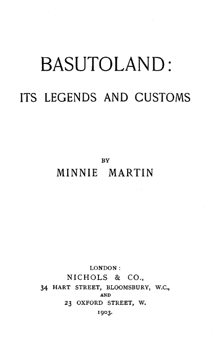 Basutoland: Its Legends and Customs cover