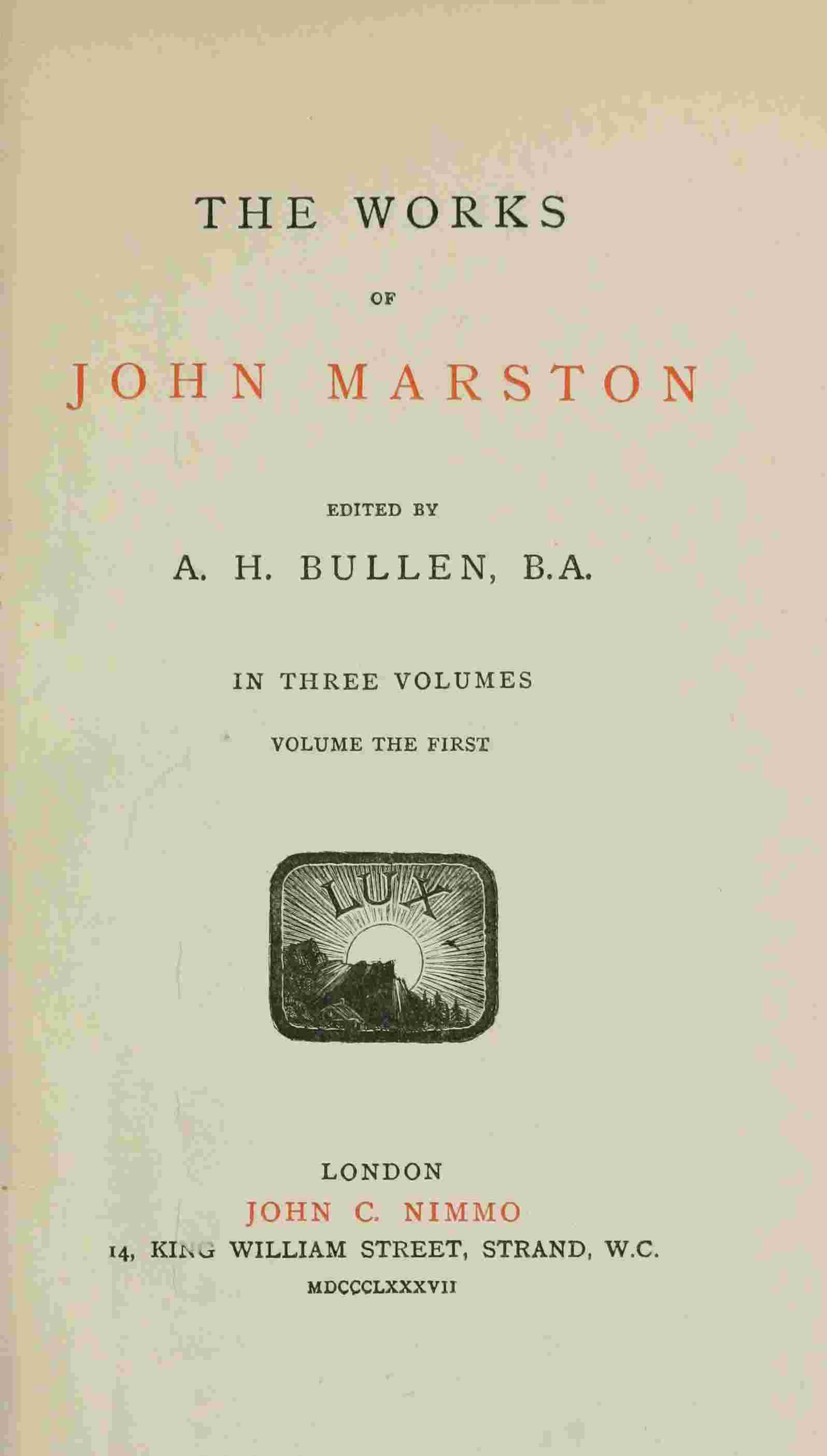 The Works of John Marston. Volume 1 cover