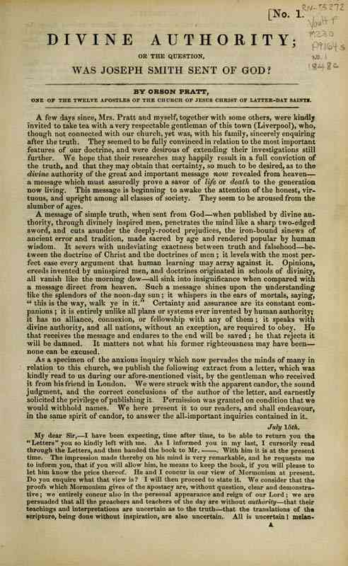 Divine Authority; Or, the Question: Was Joseph Smith Sent of God? cover