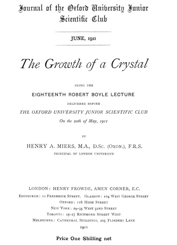 The Growth of a Crystal / Being the eighteenth Robert Boyle lecture cover