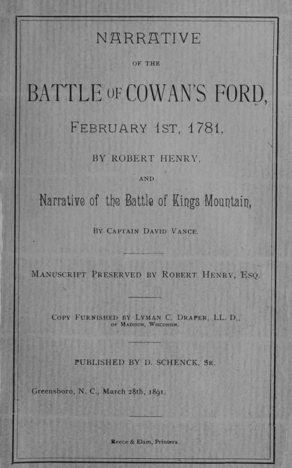 Narrative of the Battle of Cowan's Ford, February 1st, 1781 / and Narrative of the Battle of Kings Mountain cover