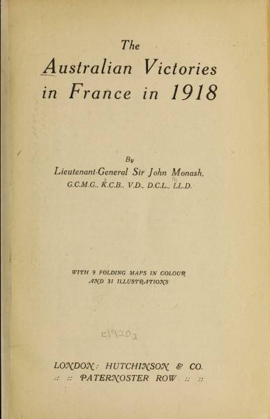 The Australian Victories in France in 1918 cover