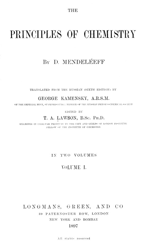 The Principles of Chemistry, Volume I cover