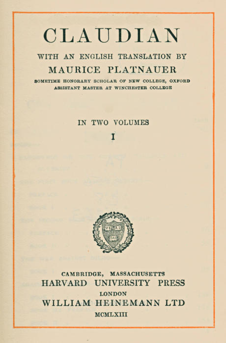 Claudian, volume 1 (of 2) / With an English translation by Maurice Platnauer cover