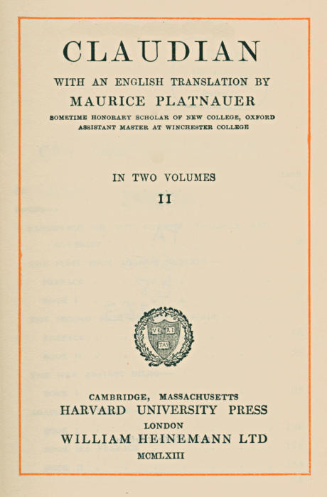 Claudian, volume 2 (of 2) / With an English translation by Maurice Platnauer cover