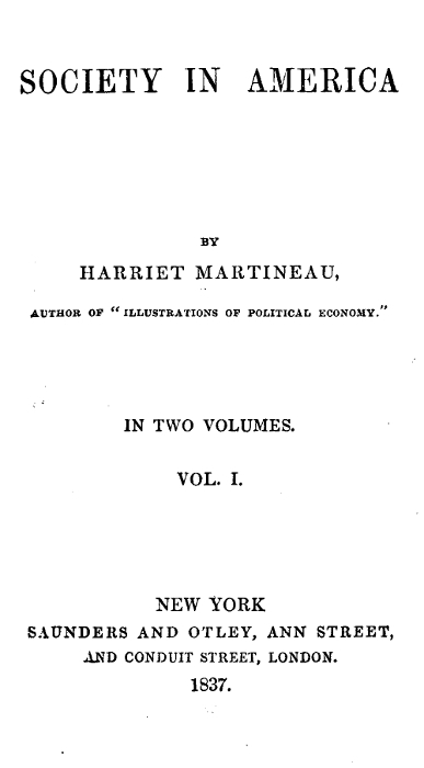 Society in America, Volume 1 (of 2) cover