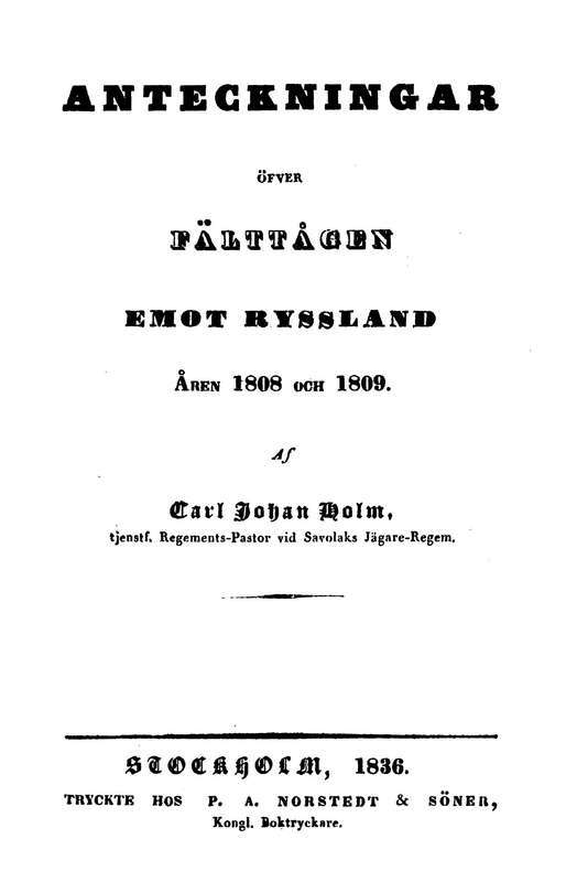 Anteckningar öfver Fälttågen emot Ryssland åren 1808 och 1809 cover