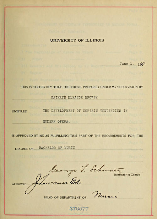 The Development of Certain Tendencies in Modern Opera / Thesis for the degree of Bachelor of Music cover