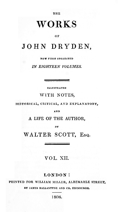 The works of John Dryden, now first collected in eighteen volumes. Volume 12 cover