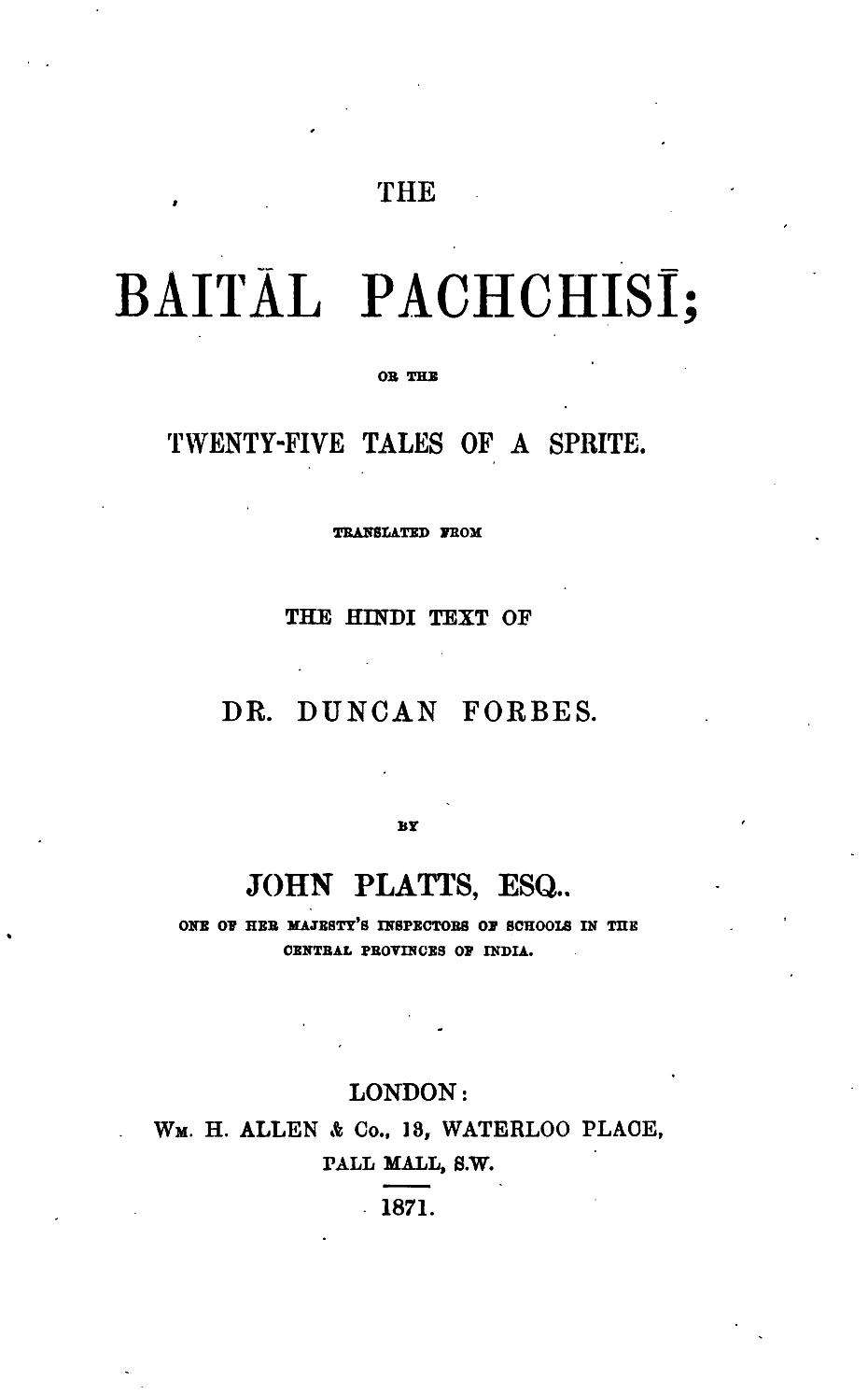 The Baitâl Pachchisi; Or, The Twenty-Five Tales of a Sprite / Translated From the Hindi Text of Dr. Duncan Forbes cover