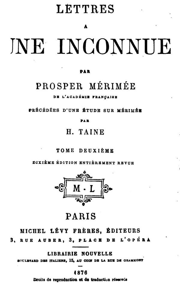 Lettres à une inconnue, Tome Deuxième / Précédée d'une étude sur P. Mérimée par H. Taine cover