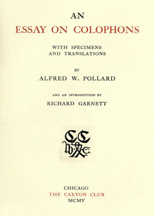 An Essay on Colophons, with Specimens and Translations cover