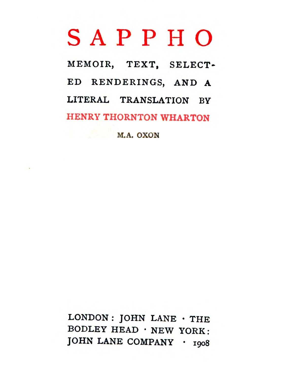 Sappho: Memoir, text, selected renderings, and a literal translation cover