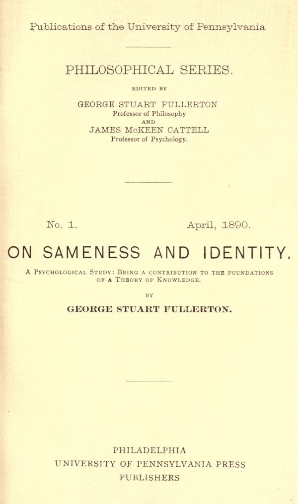 On Sameness and Identity: A Psychological Study / Being a Contribution to the Foundations of a Theory of Knowledge cover