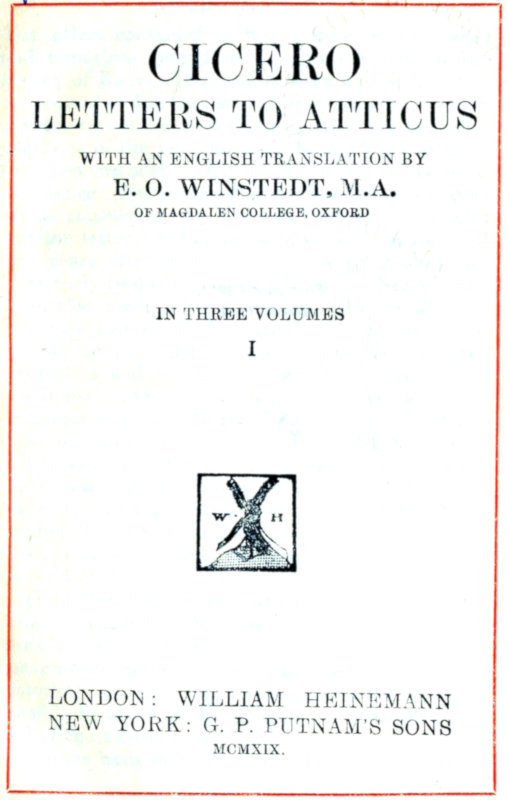 Cicero: Letters to Atticus, Vol. 1 of 3 cover