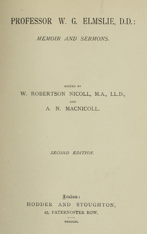 Professor W. G. Elmslie, D.D.: Memoir and Sermons cover
