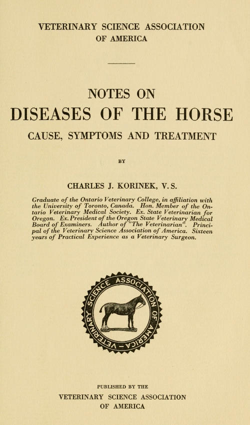 Notes on Diseases of the Horse: Cause, Symptoms and Treatment cover