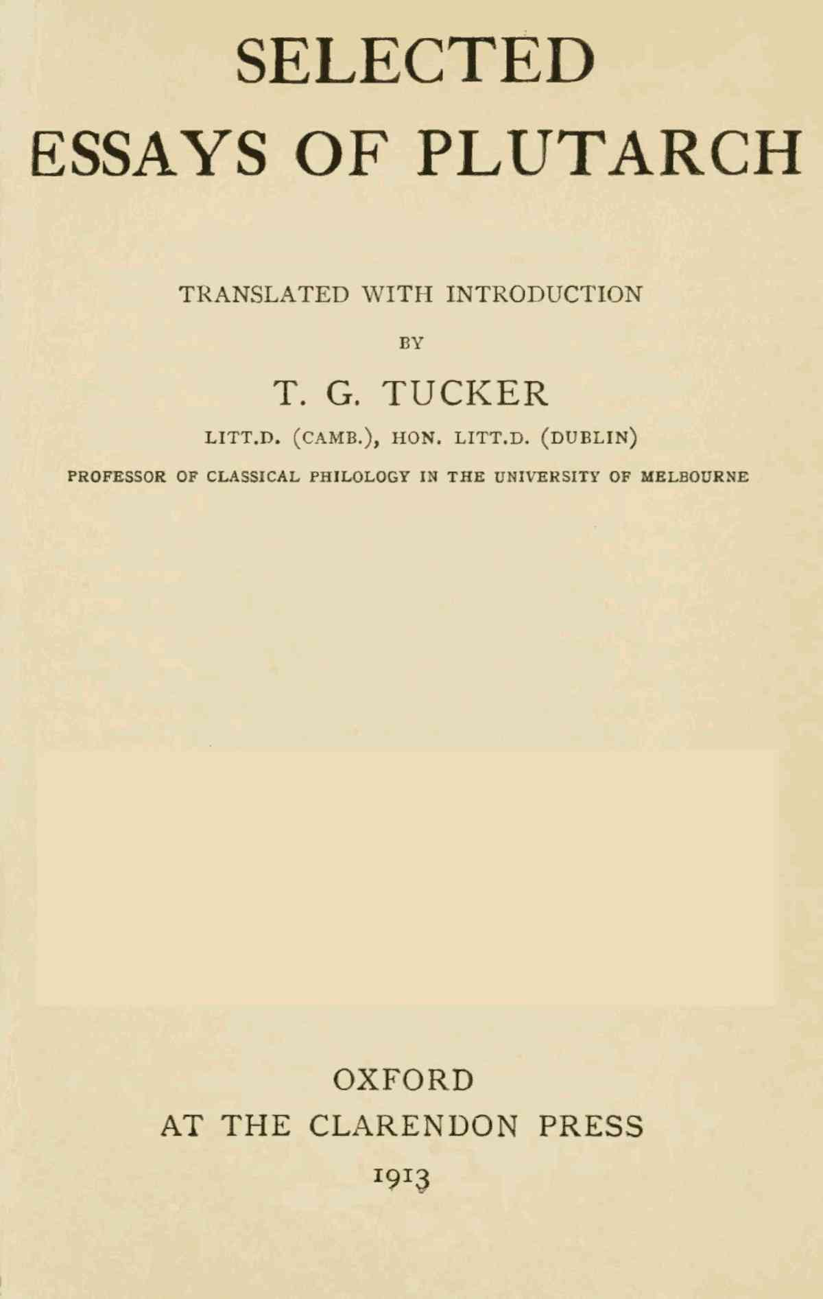 Selected Essays of Plutarch, Vol. I. cover