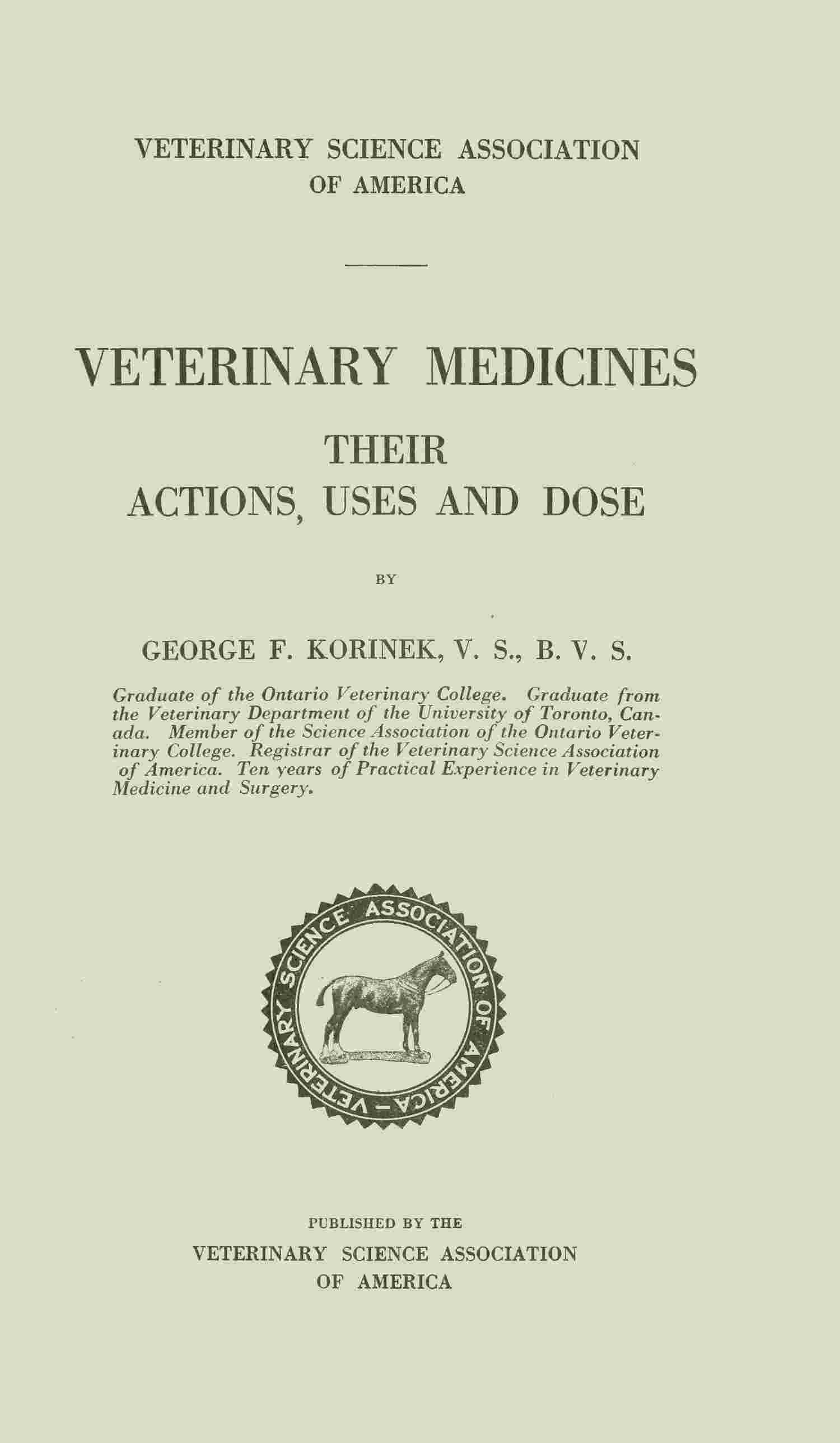 Veterinary Medicines, Their Actions, Uses and Dose cover
