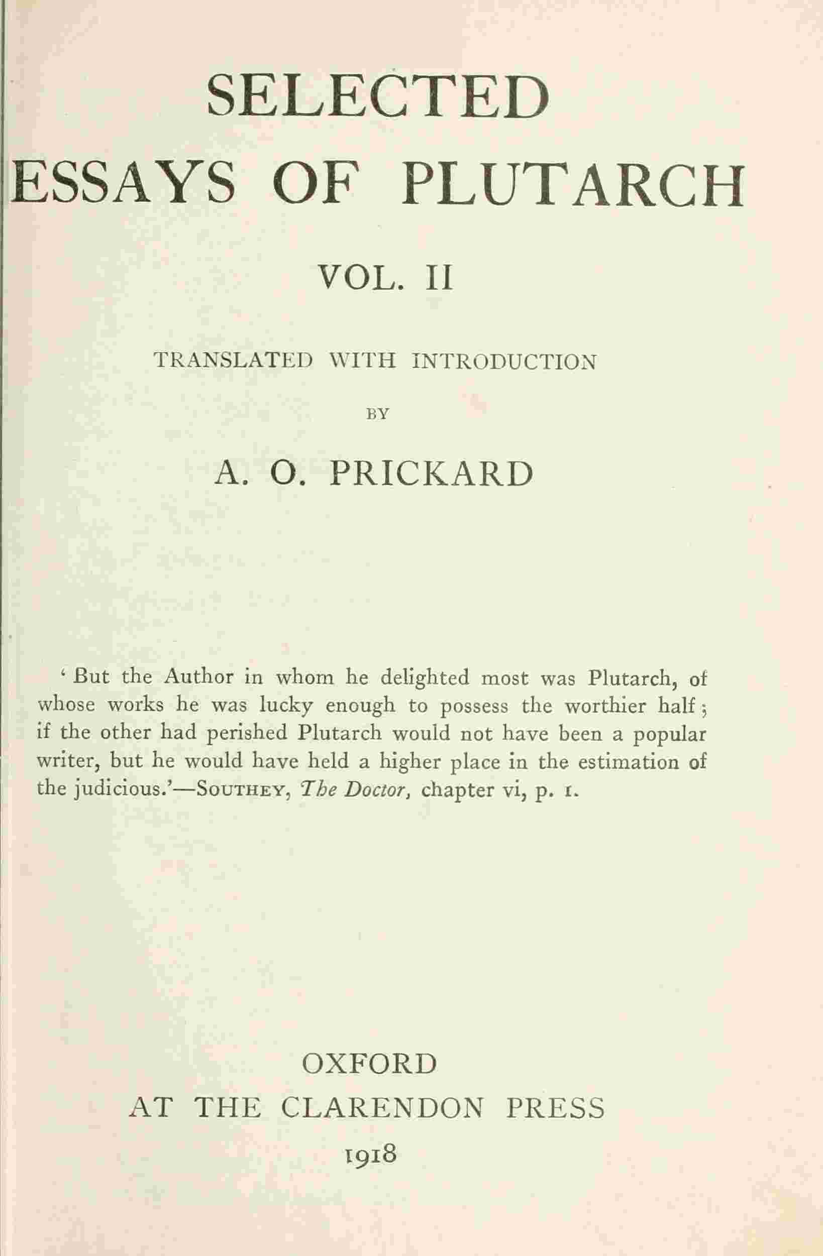 Selected Essays of Plutarch, Vol. II. cover