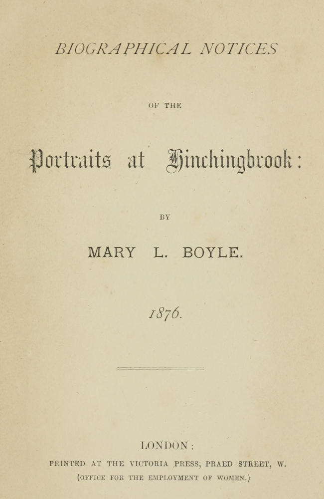Biographical Notices of the Portraits at Hinchingbrook cover