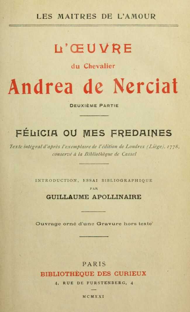 L'oeuvre du chevalier Andrea de Nerciat (2/2) / Félicia ou mes fredaines cover