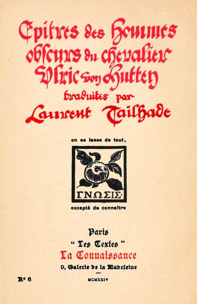 Epitres des hommes obscurs du chevalier Ulric von Hutten traduites par Laurent Tailhade cover