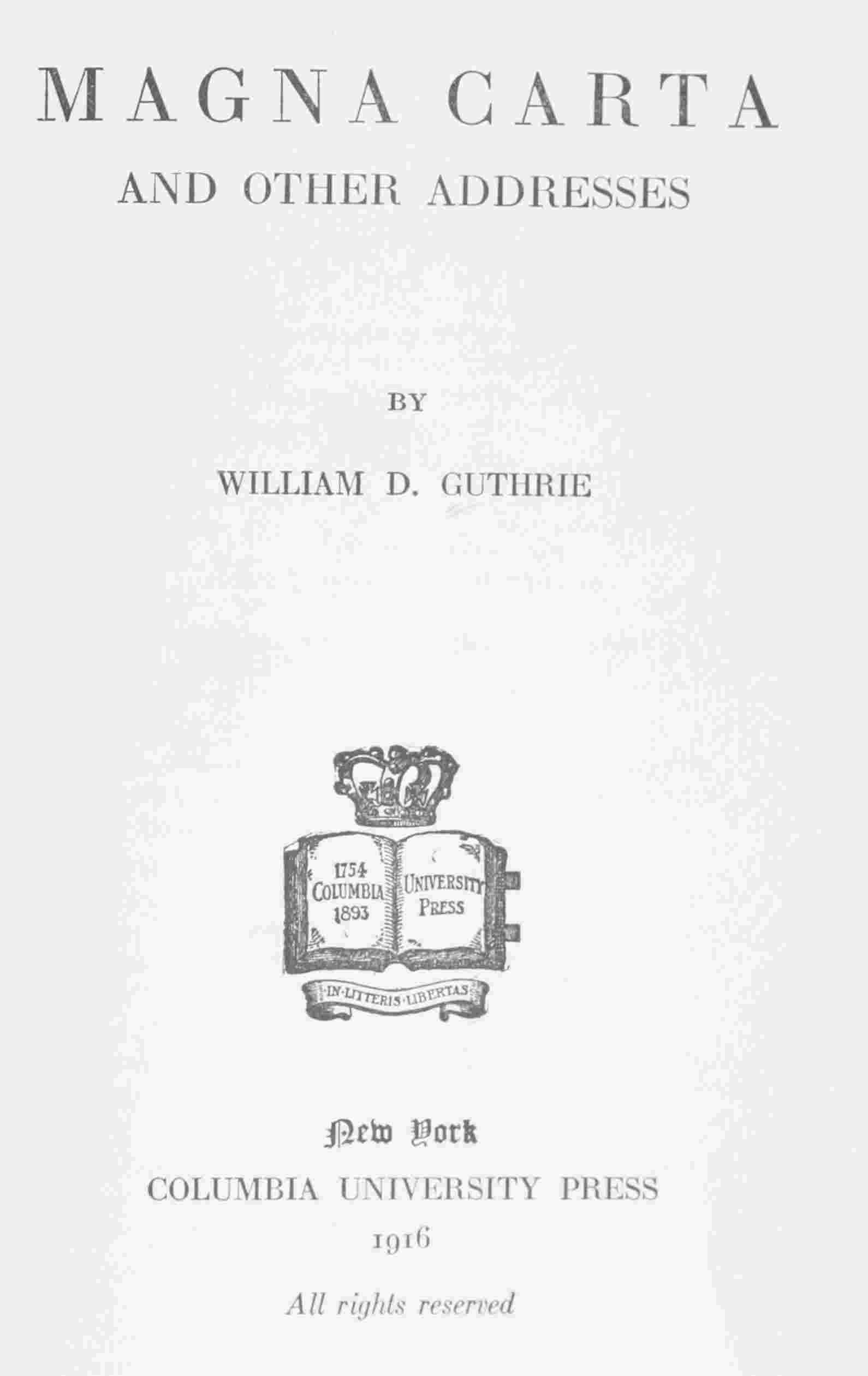 Magna Carta, and Other Addresses cover