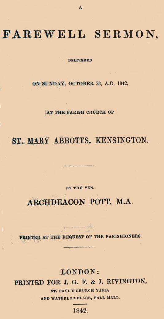 A Farewell Sermon / delivered on Sunday, October 23, A.D. 1842, at the Parish Church of St. Mary Abbotts, Kensington cover