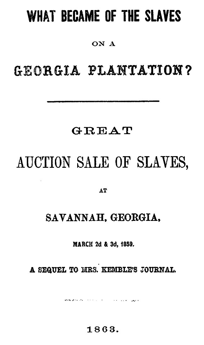 What Became of the Slaves on a Georgia Plantation? / Great Auction Sale of Slaves, at Savannah, Georgia, March 2d & 3d, 1859 cover