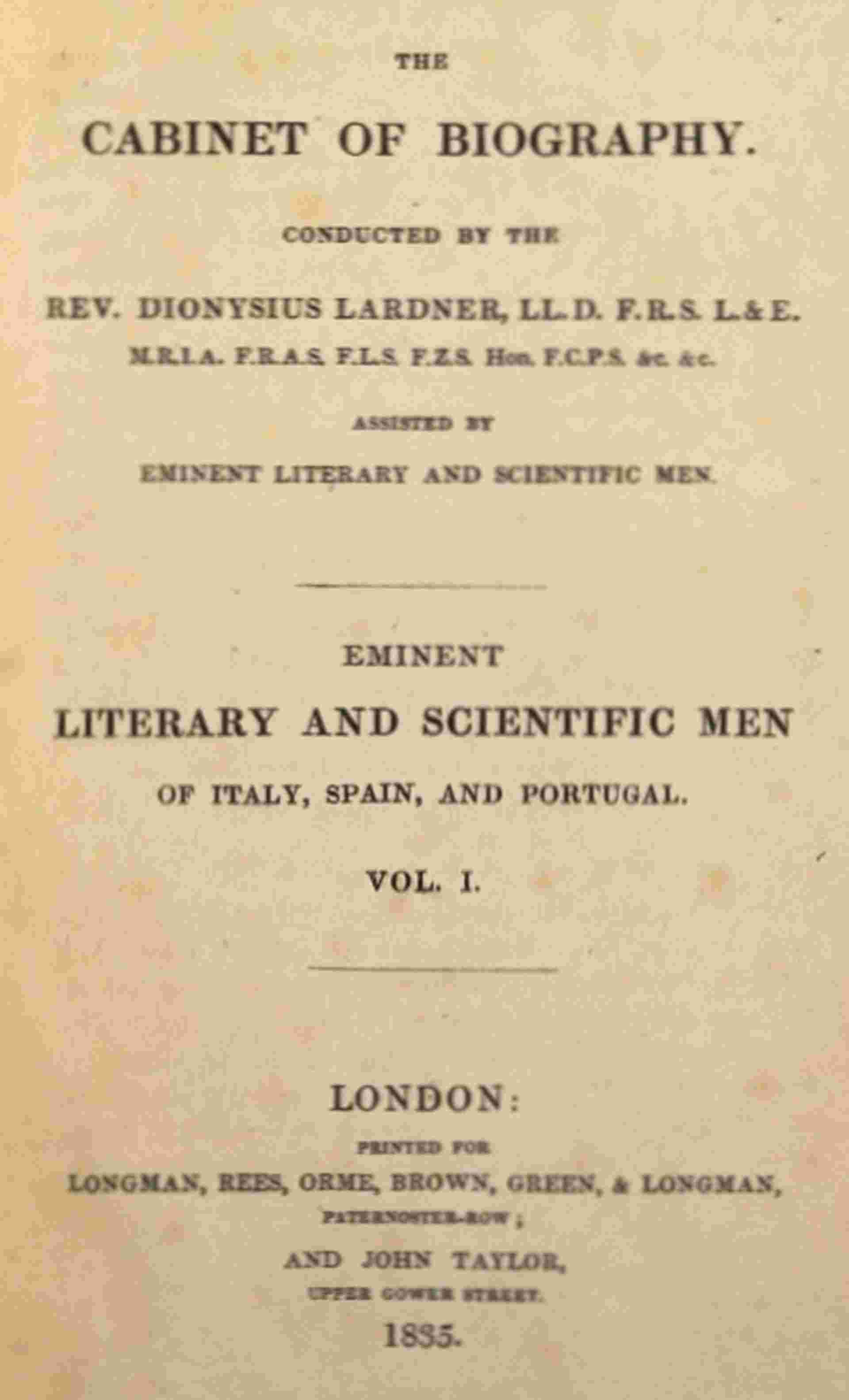 Eminent literary and scientific men of Italy, Spain, and Portugal. Vol. 1 (of 3) cover