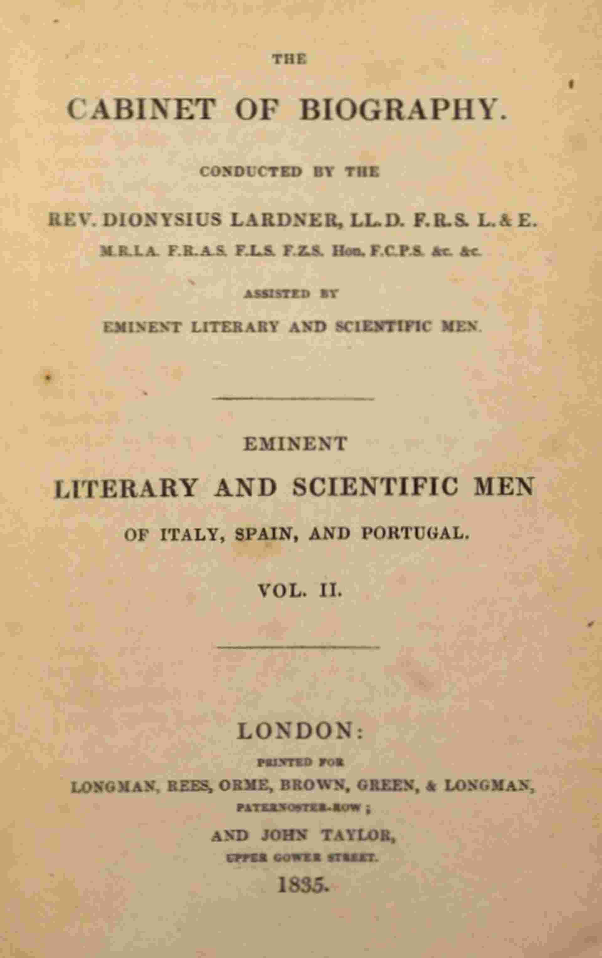 Eminent literary and scientific men of Italy, Spain, and Portugal. Vol. 2 (of 3) cover