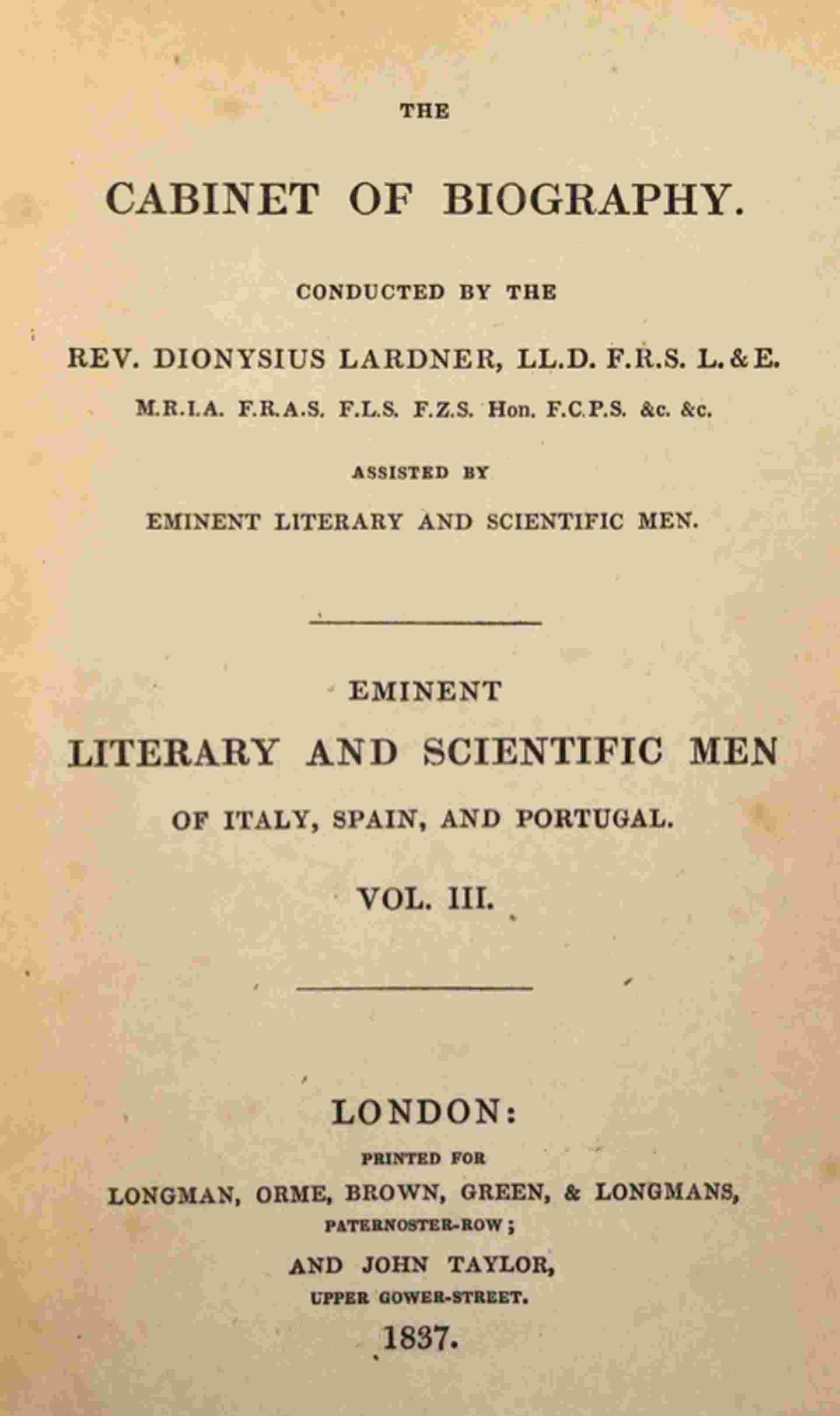 Eminent literary and scientific men of Italy, Spain, and Portugal. Vol. 3 (of 3) cover