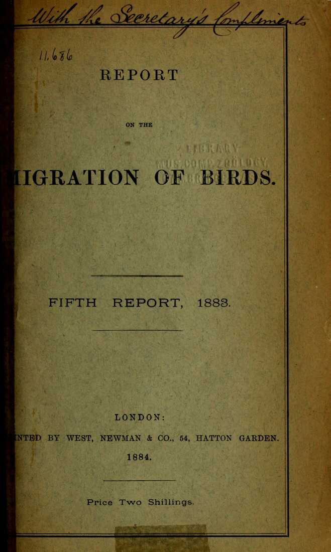 Report on the Migration of Birds in the Spring and Autumn of 1883. Fifth Report cover