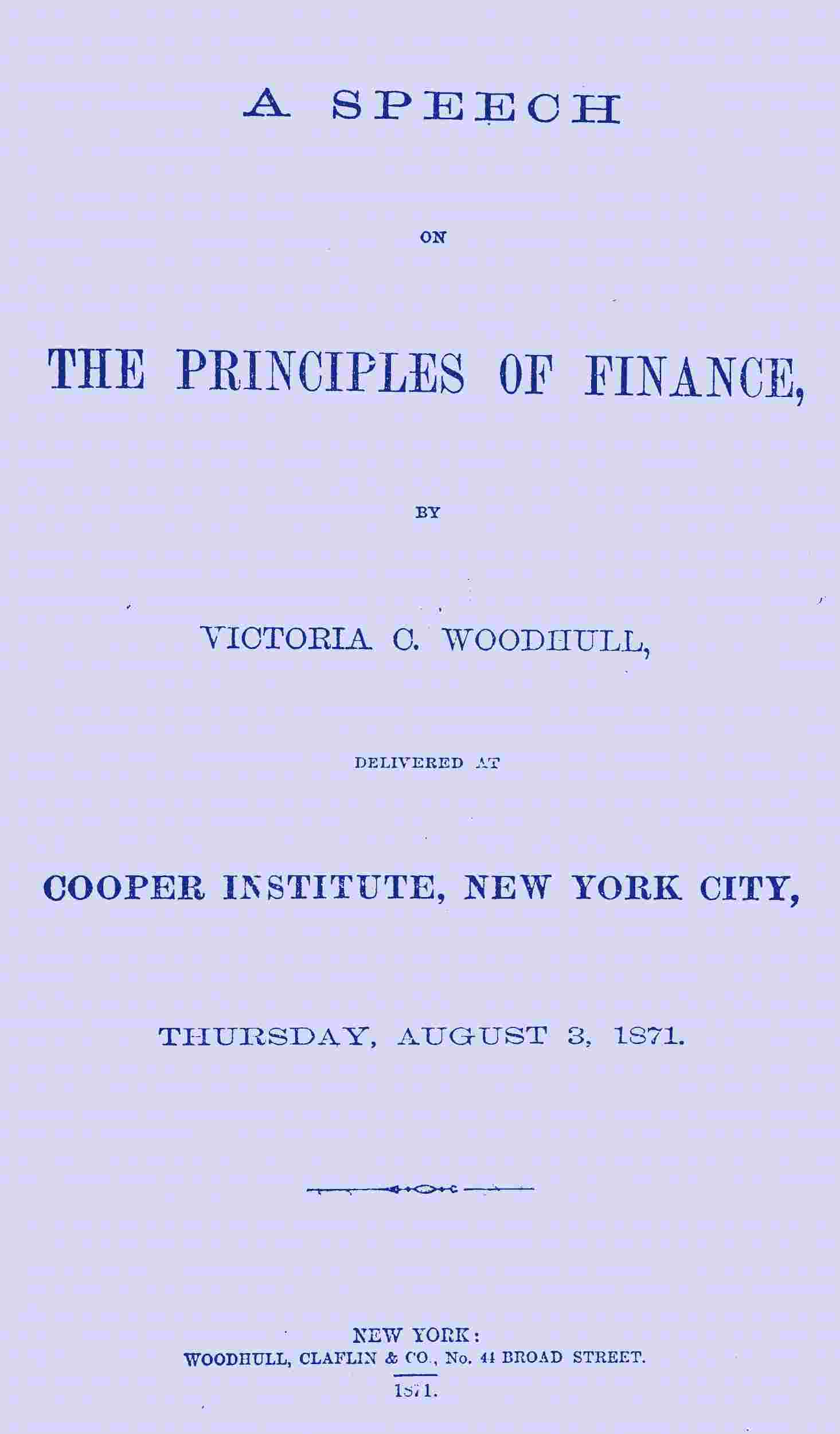 A Speech on the Principles of Finance cover